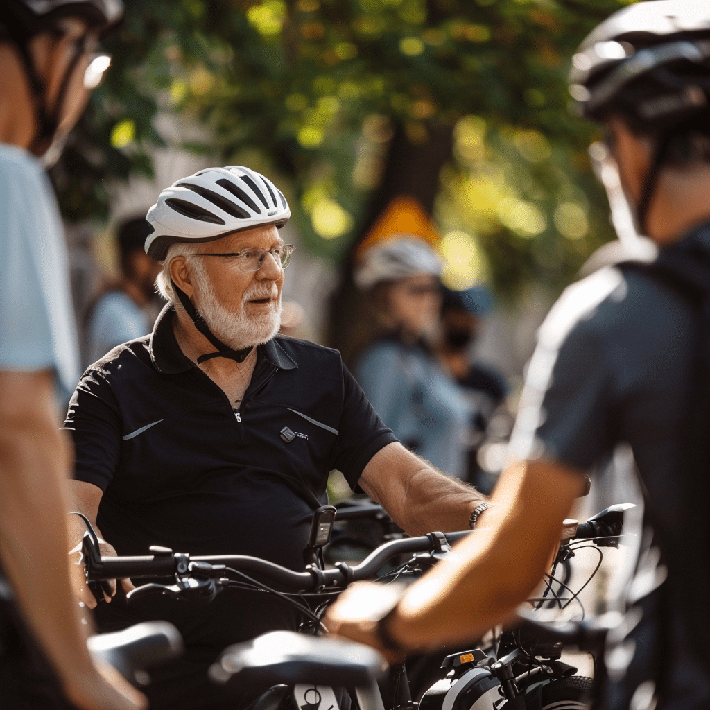 photo homme a velo disscutant