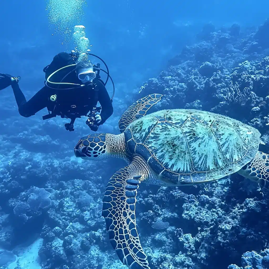 un plongeur avec une tortue